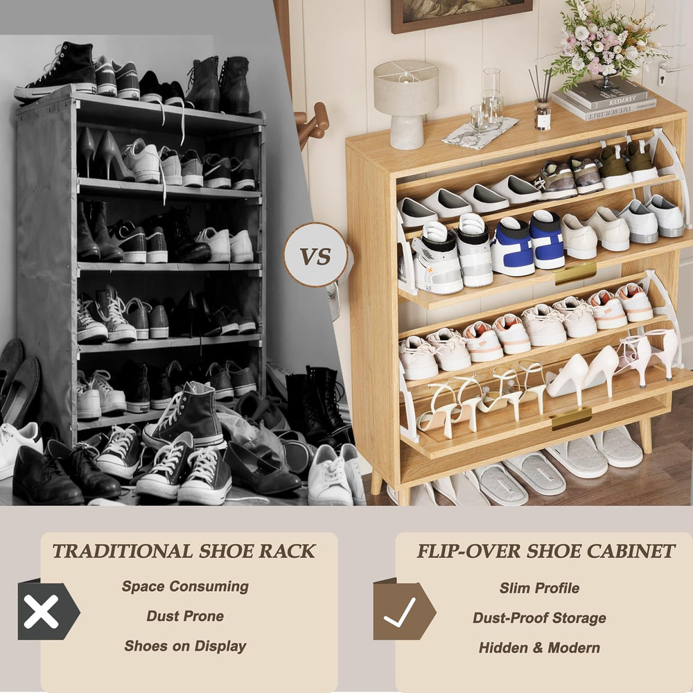 Shoe Storage Cabinet with 2 Flip Drawers, Narrow Wood Shoe Organizer Cabinet ...