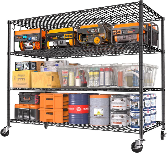 Heavy Duty Garage Shelving with Wheels: 55.5" W x 24" D x 81" H 4 Tier Wire Metal Storage Shelves, Adjustable NSF Commercial Shelf, Rolling Tote Rack Organizer for Pantry, Warehouse, Black