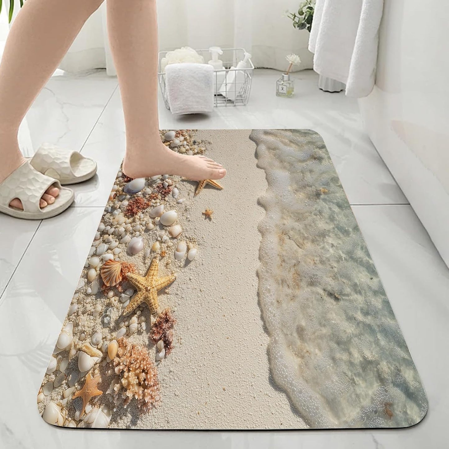Ocean & Beach Bath Mat, Sea Coastal Bathmat, Starfish Coral Seashell Bathroom Rug, Nautical Rugs for Bathroom, Diatomaceous Earth Bath Mat, Non Slip & Absorbent & Washable, 17x24 Inch