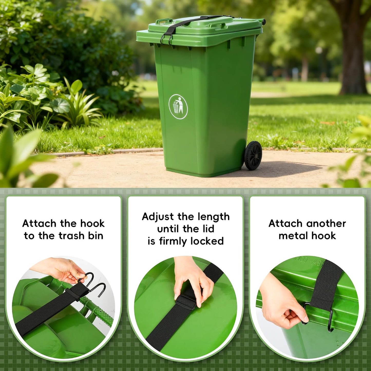 2PCS Trash Can Locks,Adjustable Animal-Proof & Windproof Garbage | Can Lid Lock, Universal Fit for 28-96 Gallon Outdoor Bins, Effectively Prevents Raccoons from Rummaging through Trash Cans