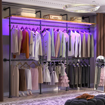 Aheaplus Industrial Pipe Clothing Rack, 118.3'' Closet System with RGB LED