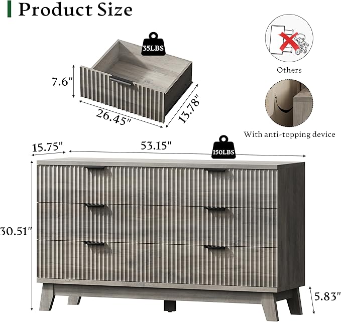 Fluted Dresser with 6 Drawers, Wooden Dresser TV Stand, Wood Closet Clothes - Image 2