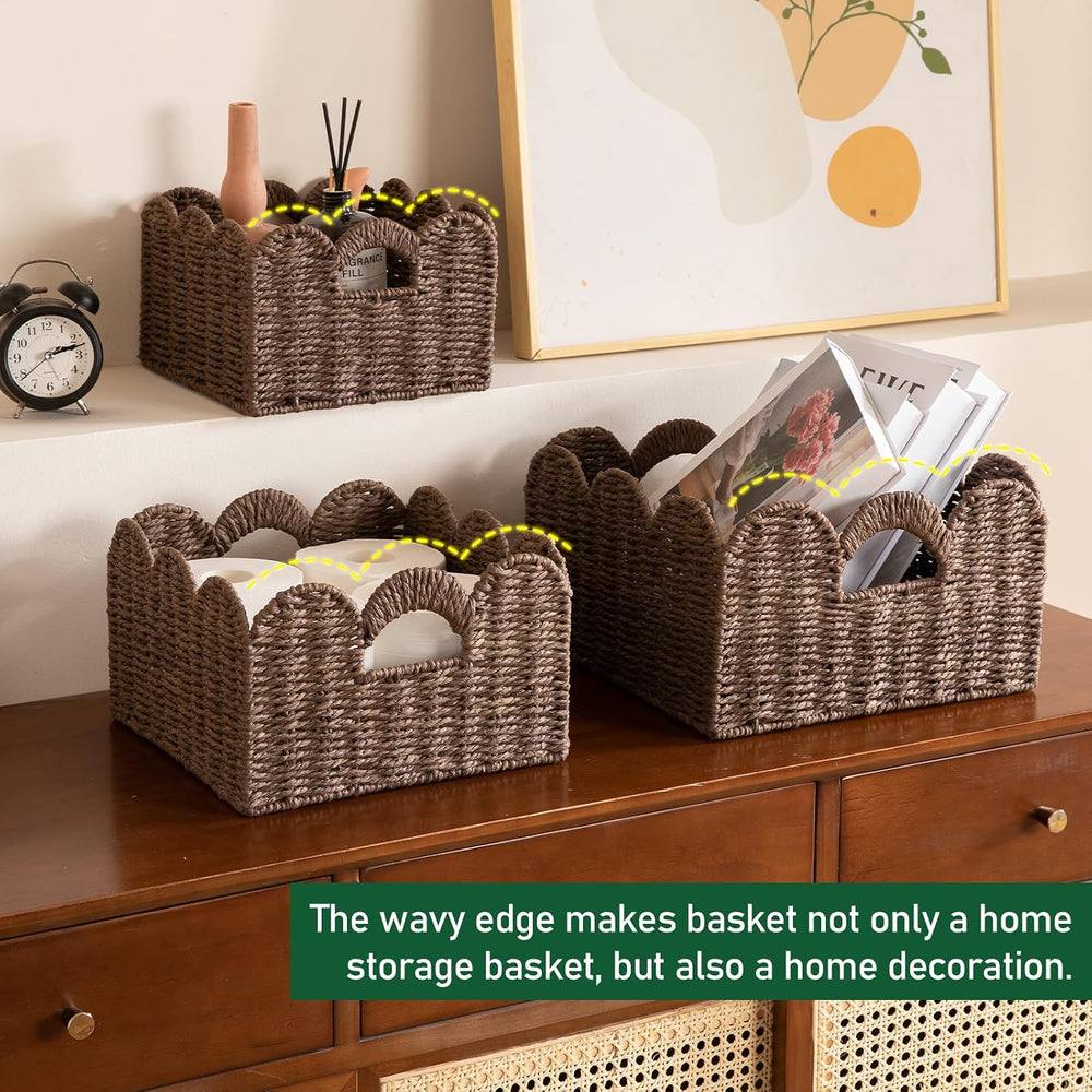 OIAHOMY Scalloped Wicker Baskets, Hand-woven Storage Baskets with Built-in Ha...