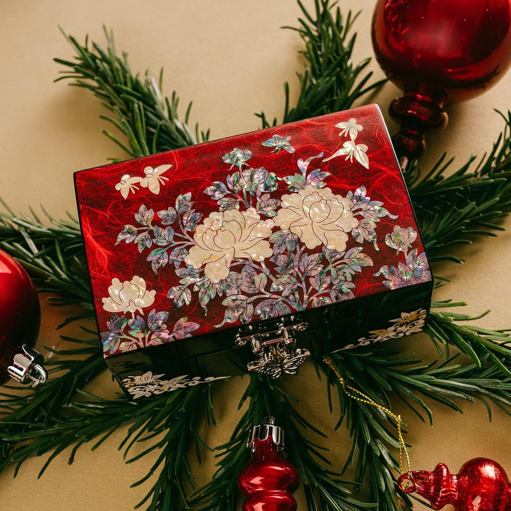 February Mountain Korean Mother of Pearl Jewelry Box – Red Floral Peony Desig...