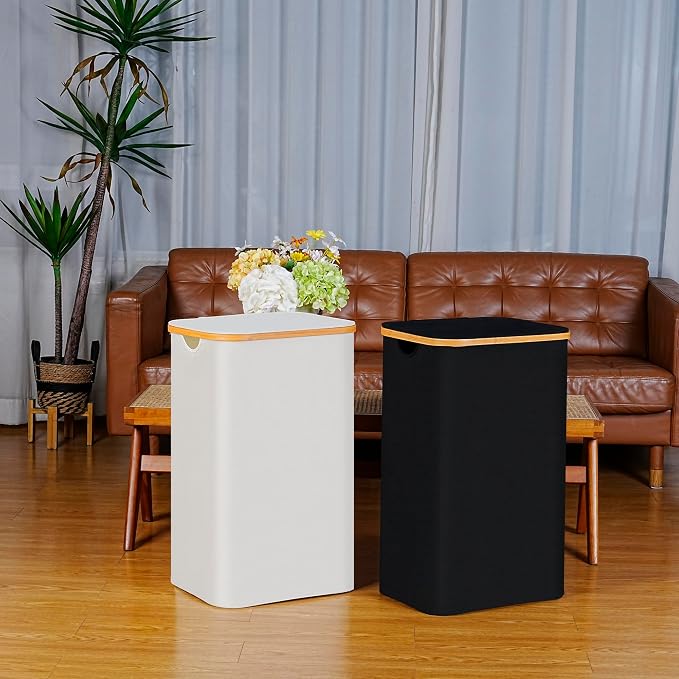100L Laundry Hamper with Lid, Lagre Basket with Bamboo Handles, Foldable - Image 5
