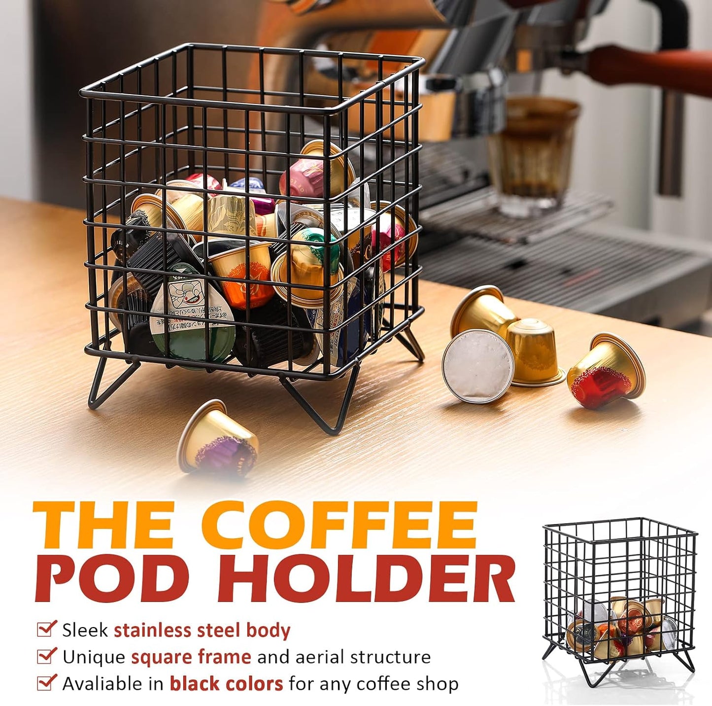 Zubebe 4 Pcs Coffee Pod Holder Large Capacity Coffee Pod Basket Wire Organizer Capsule Cages Metal Storage Capsule Basket, 5.3 x 5.3 x 6.3 In (Black)