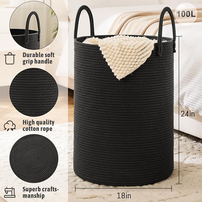 Laundry Basket, Woven Cotton Rope Laundry Hamper, 100L - Image 6