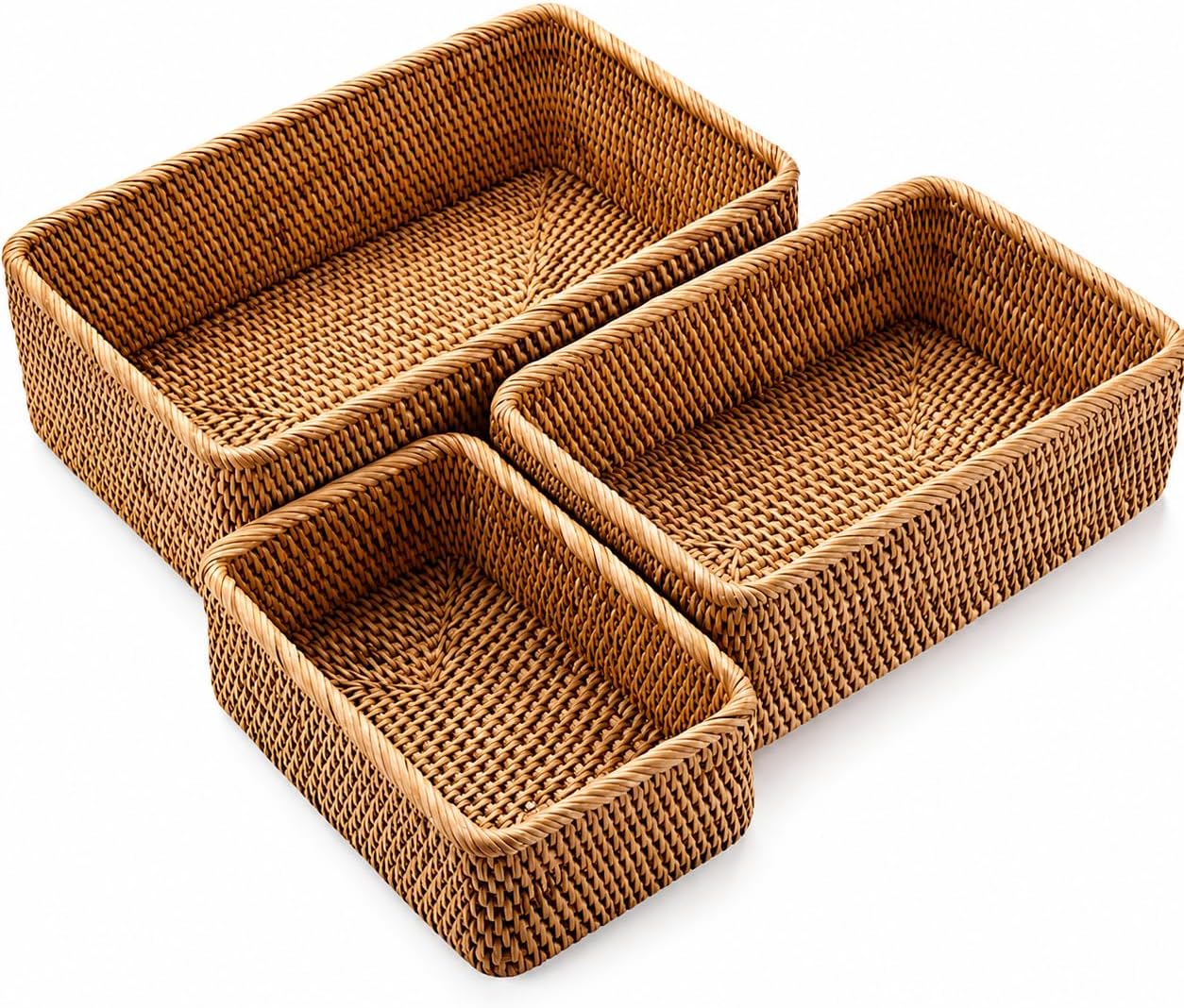Yangqihome Natural Rattan Storage Baskets, Rectangular Woven Fruit Baskets, Decorative Wicker Basket and Small Baskets for Organizing (Set of 3)