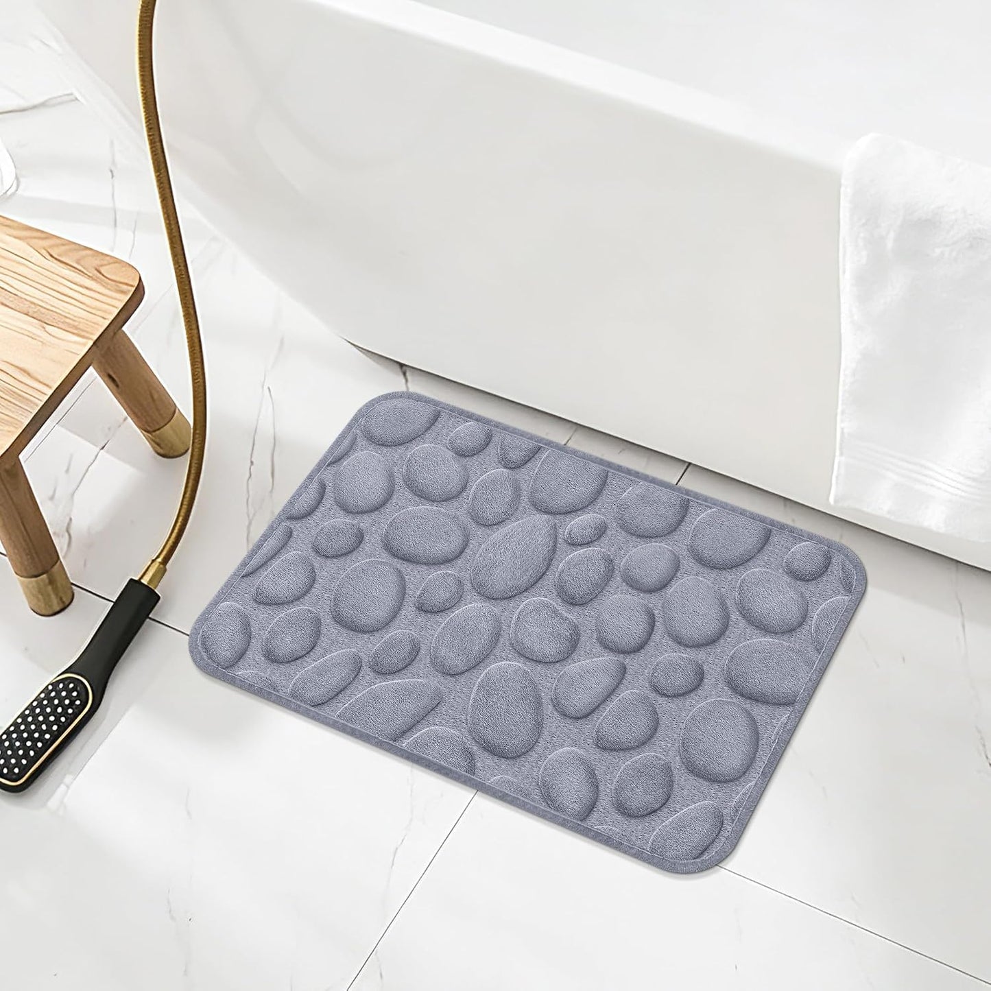 Memory Foam Bath Mat,16x24 Inch Non Slip Cobblestone Bath Mats,Manchine Washable Absorbent Bathroom Floor Mats,Ultra Soft and Quick Dry Bath Rugs for Bathroom Tub and Shower,Gray