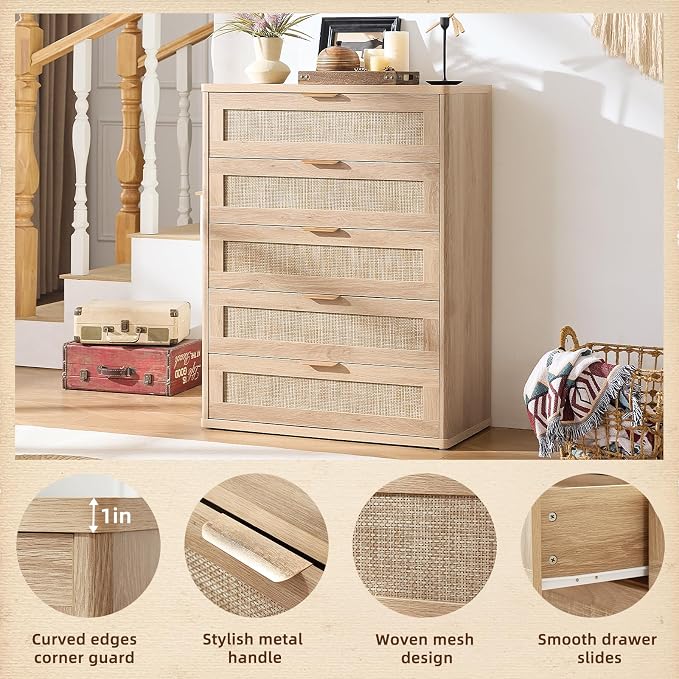 LEYAOYAO Rattan Dresser for Bedroom, Modern 5 Drawers Boho Dressers - Image 9