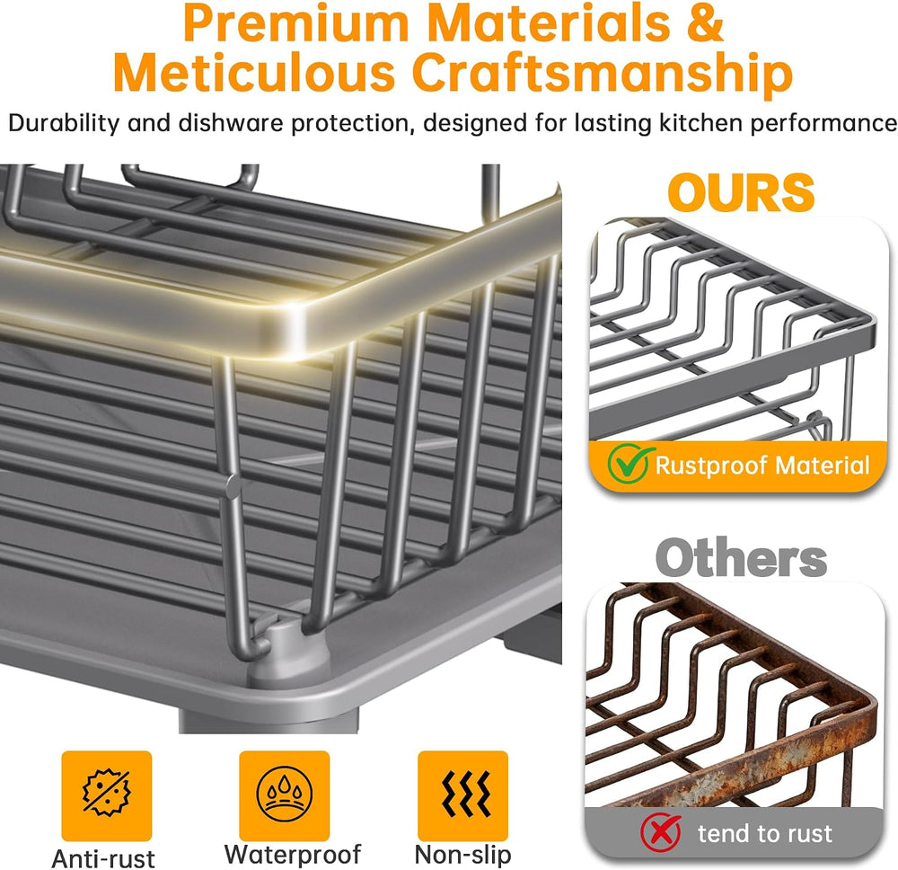 2 Tier Large Detachable Dish Drying Rack for Kitchen Counter, Gray