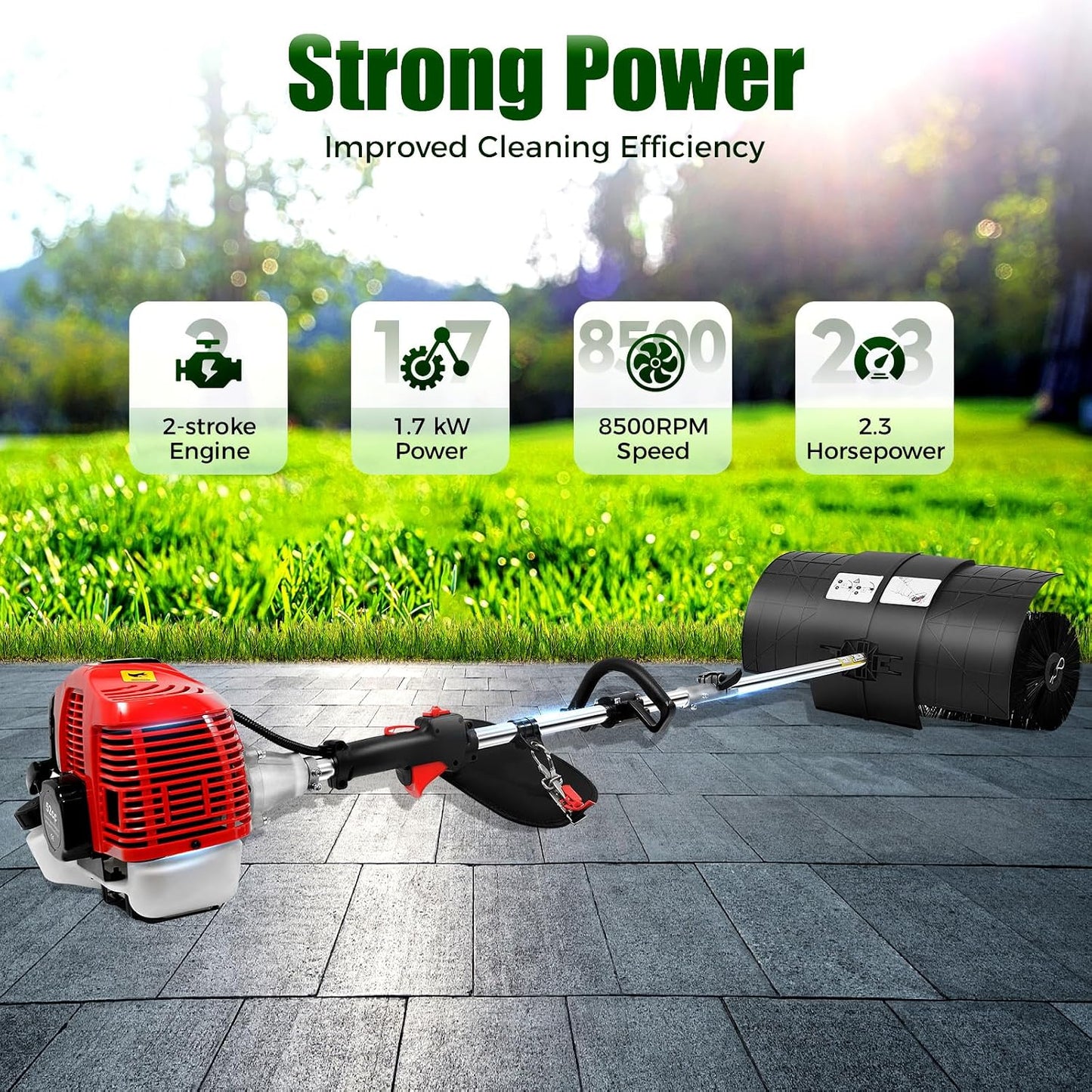 Gas Power Broom Sweeper, 52cc 2.3HP 2 Stroke Handheld Power Broom Artificial Grass Brush Gasoline Lawn Sweeper for Cleaning Driveway Turf Lawns Artificial Grass