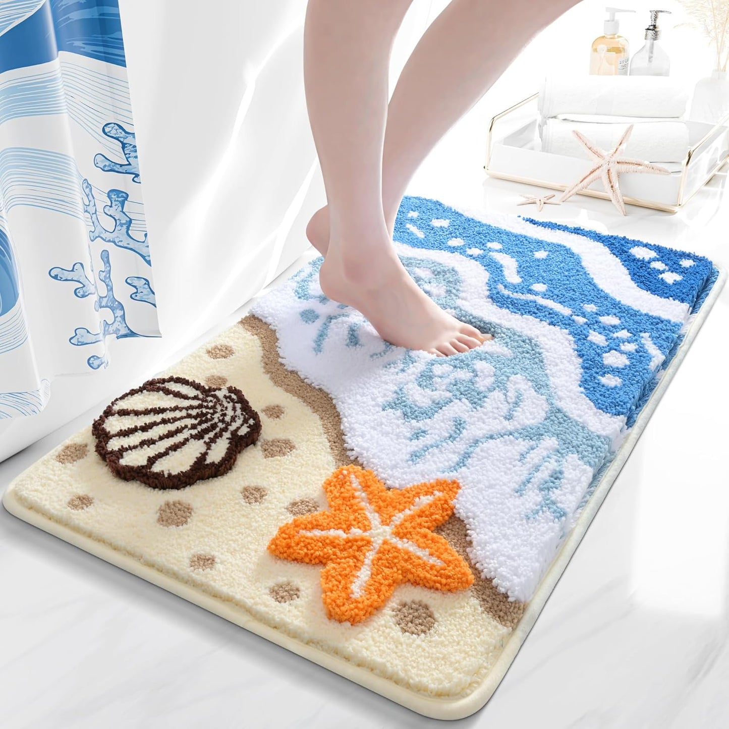 QJHOMO Coastal Bathroom Rugs Beach Ocean Wave Bath Mat Nautical Rug, Cute Colorful Bath Rug 3D Starfish Shell Beachy Theme Bathroom Decor, Soft Microfiber Carpet Non Slip Washable Bathmat(18x26 inch)