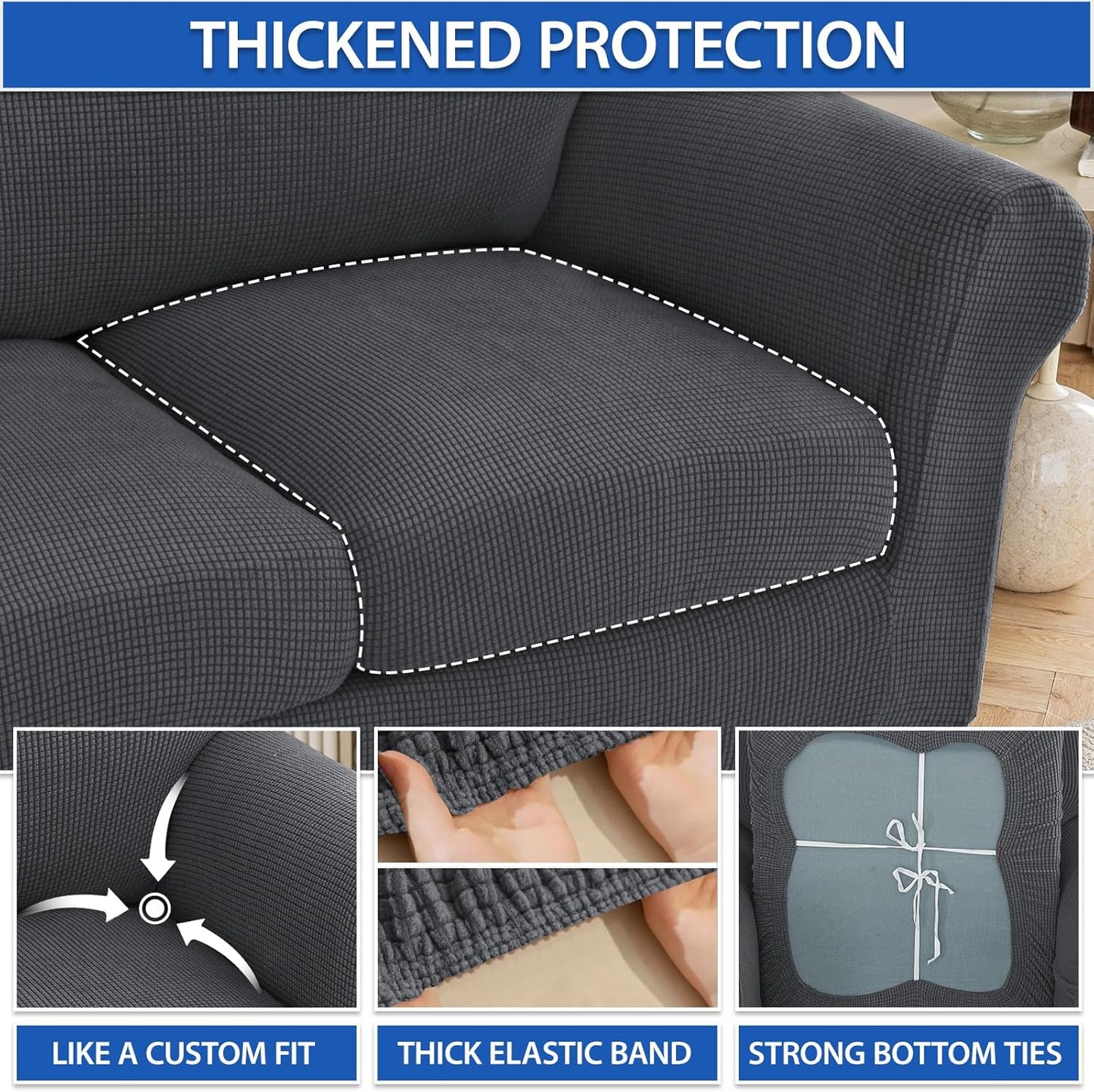 ZNSAYOTX 4 Piece Sofa Covers for 3 Cushion Couch, Super Soft Couch Slipcovers with Seat Cushion Cover Thick Durable, Spandex Blend High Stretch & Bottom Ties Furniture Sofa, Dark Grey