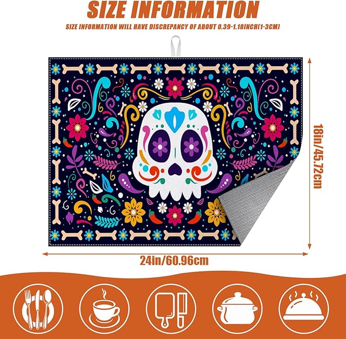 Sugar Skull Dish Drying Mat for Kitchen Counter Microfiber Absorbent Dish Day - Image 2