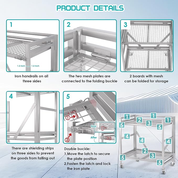 2 Shelf Rolling Cart with Wheels, 660lbs Capacity Collapsible Steel Rolling - Image 4