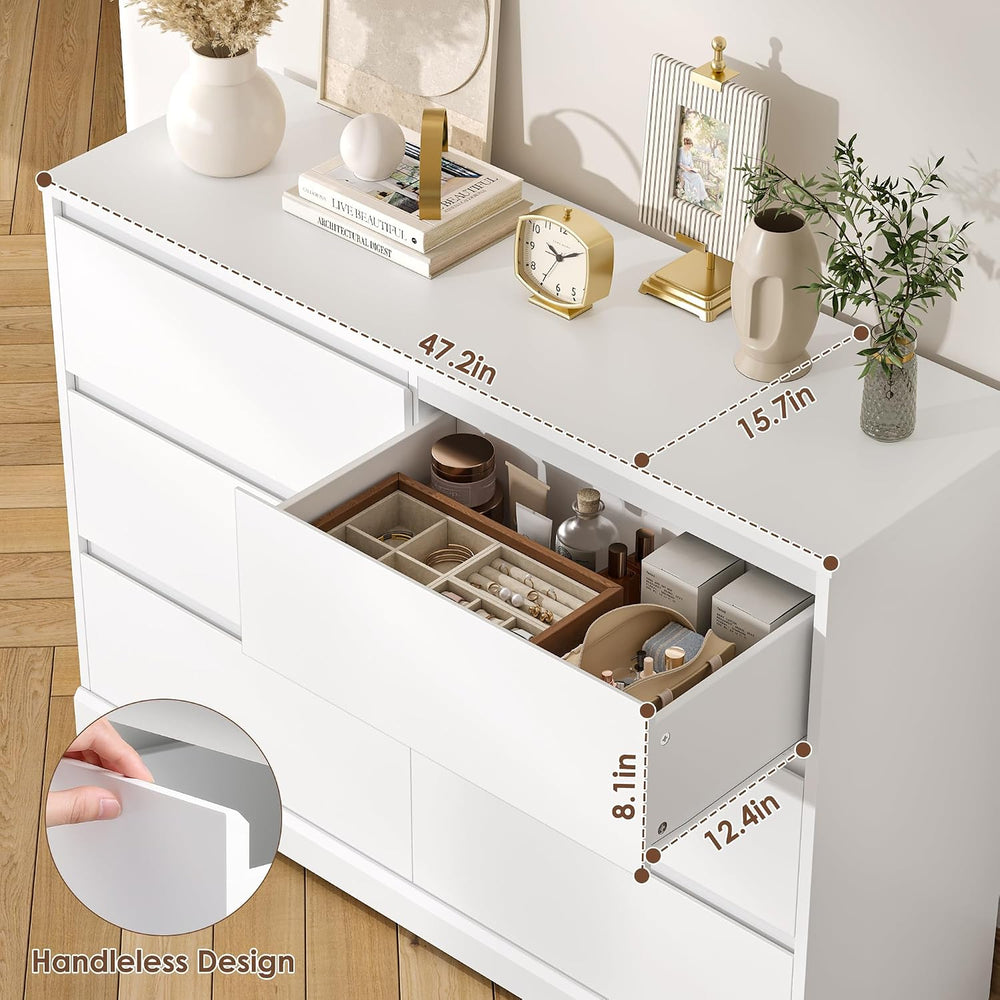 FOTOSOK White Dresser, Modern 6 Drawer Dresser, Bedroom Chest of Drawers