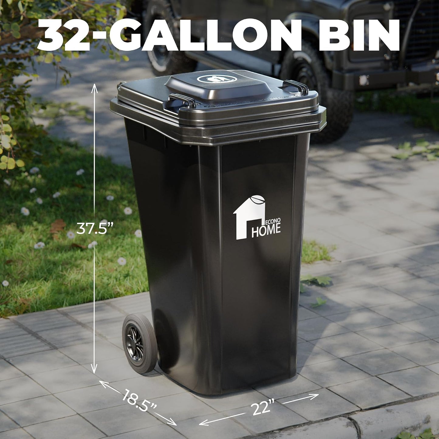 EconoHome Outdoor Garbage Can with Lid - 32 Gallon Trash Can for Backyard, Deck, Garage - Dual Wheels, Extra Heavy-Duty, Durable Handle - Versatile Home & Commercial Storage Container - Black, 1-Pack