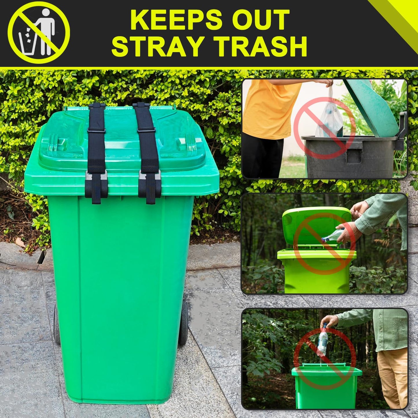 GripHandle Metal Double-Claw Trash Can Lid Lock Strap for Animals,Bungee Cord with Hooks for Trash Bin Garbage Pail,Outdoor Outside Trash Lid Holder to Keep Raccoons Out,Fits 20-96 Gallon Cans - 2Pcs