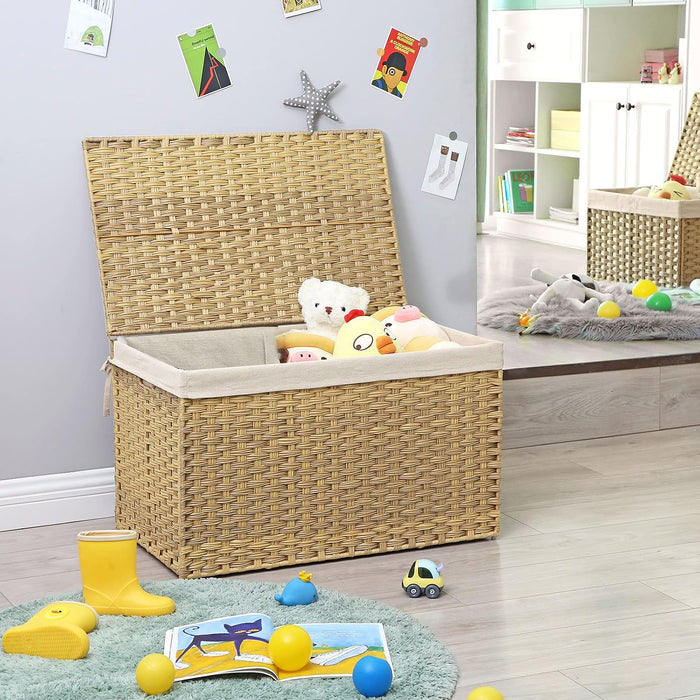 SONGMICS Woven Storage Basket with Lid, 42.3 Gallon (160L), Foldable