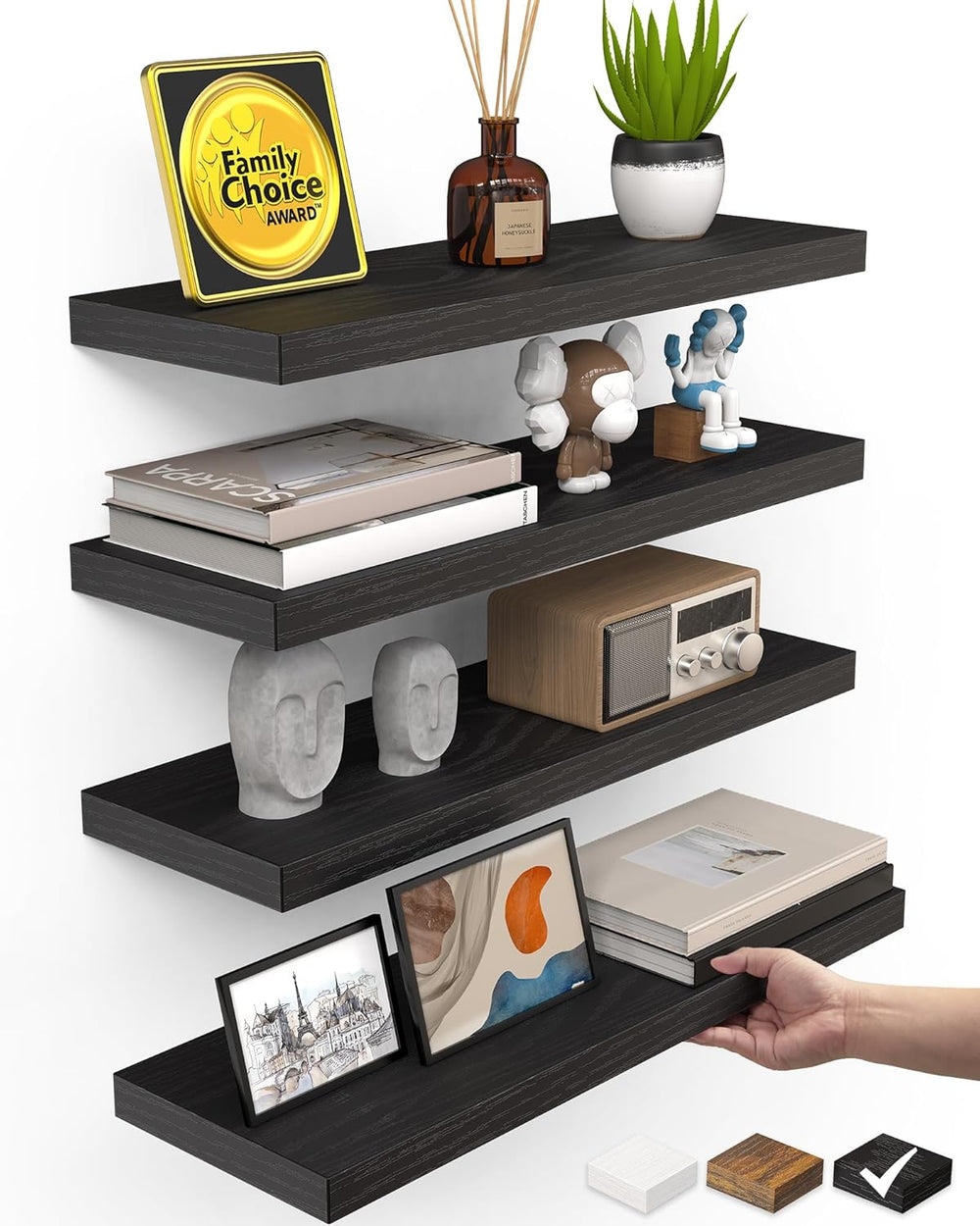 BAYKA Black Floating Shelves 15.7in, Set of 4, Wall Mount Rustic Wood Shelf