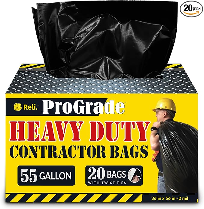 Reli. Contractor Garbage Bags 55 Gallon | 20 Trash Bags | Heavy Duty | Black by Reli