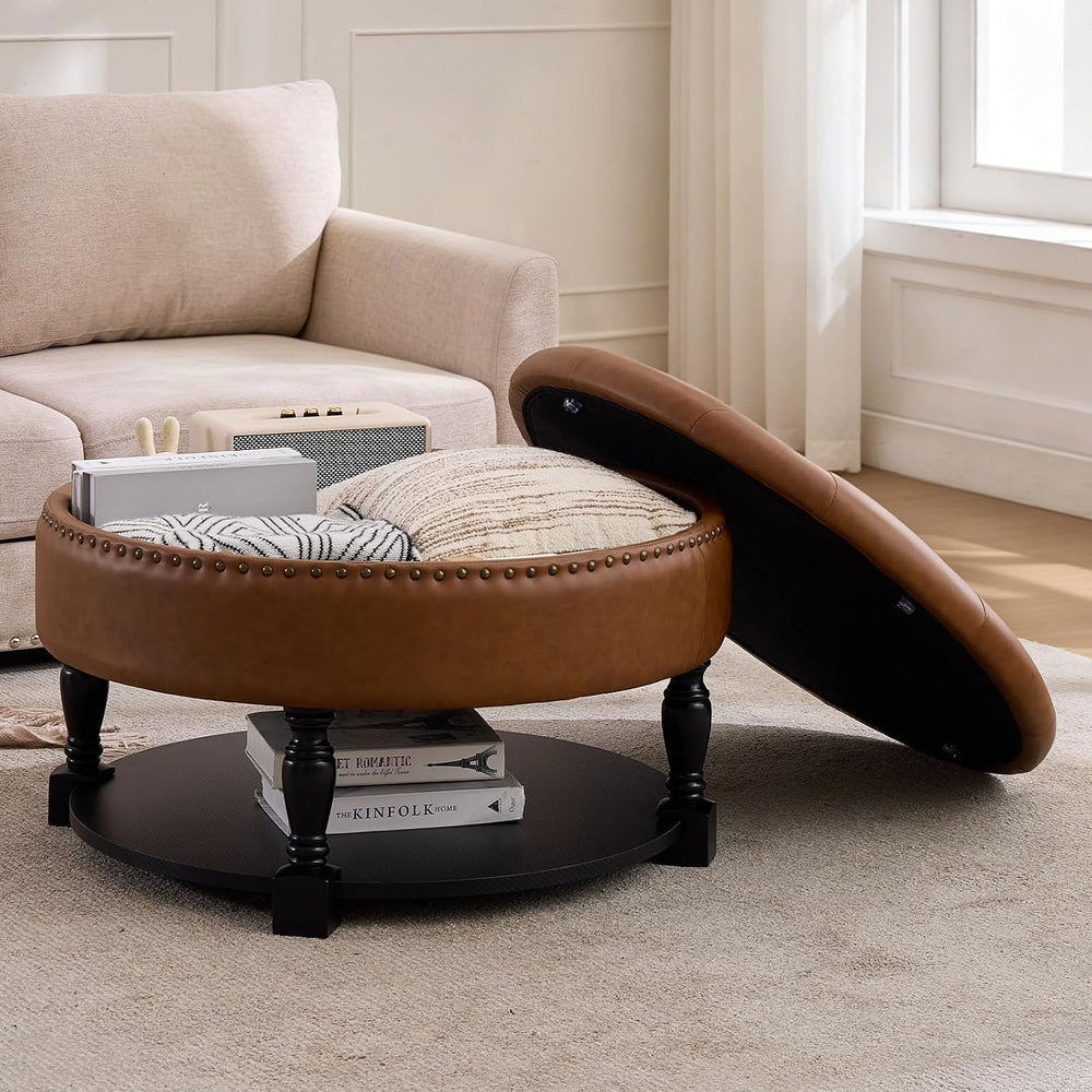 31.5 Inch Round Storage Ottoman Coffee Table with Shelf, PU Brown