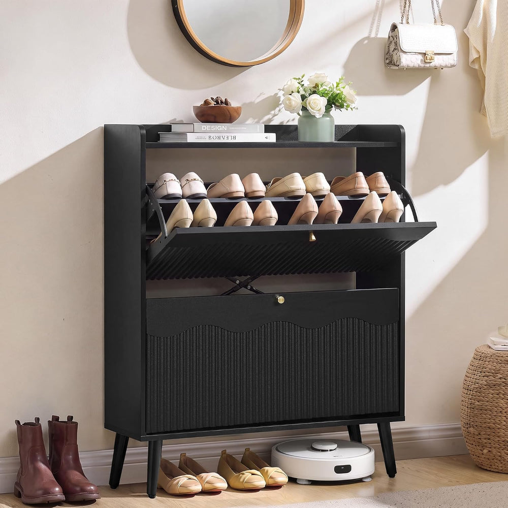 BERRYMERRY 31.5” Black Fluted Shoe Cabinet Storage with 2 Flip Drawers