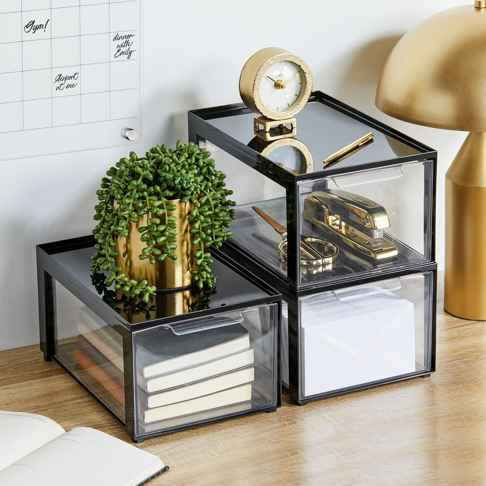mDesign Plastic Desk Organizer and Storage Bin w/Pull Out Drawer - Stackable ...