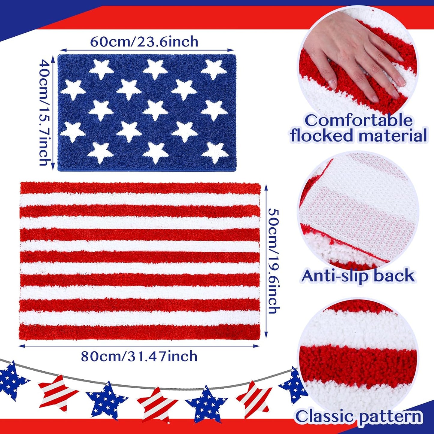 Breling 4 Pcs 4th of July Bathroom Rugs and Towels 250th Anniversary Red and White Striped Rugs and Towels Patriotic Non Slip Soft Absorbent Bath Mats for Independence Day Bathroom Home Decoration