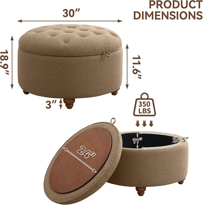30Inch Round Storage Ottoman - Image 2
