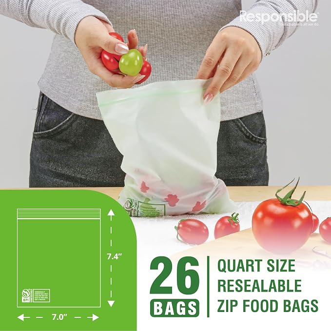 Responsible Products Certified Compostable QUART Resealable Zip Bag, Extra - Image 2