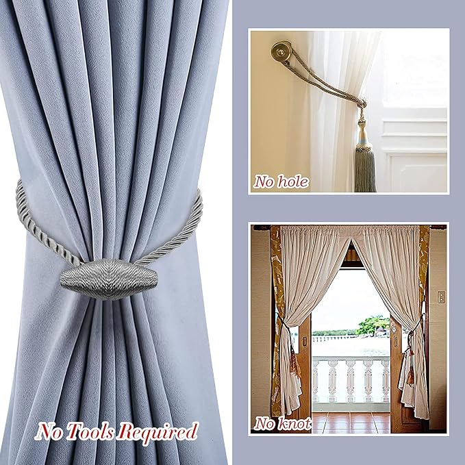 Hion Magnetic Curtain Tiebacks Grey 2pcs, Curtain Tiebacks Buckles Holdbacks - Image 6