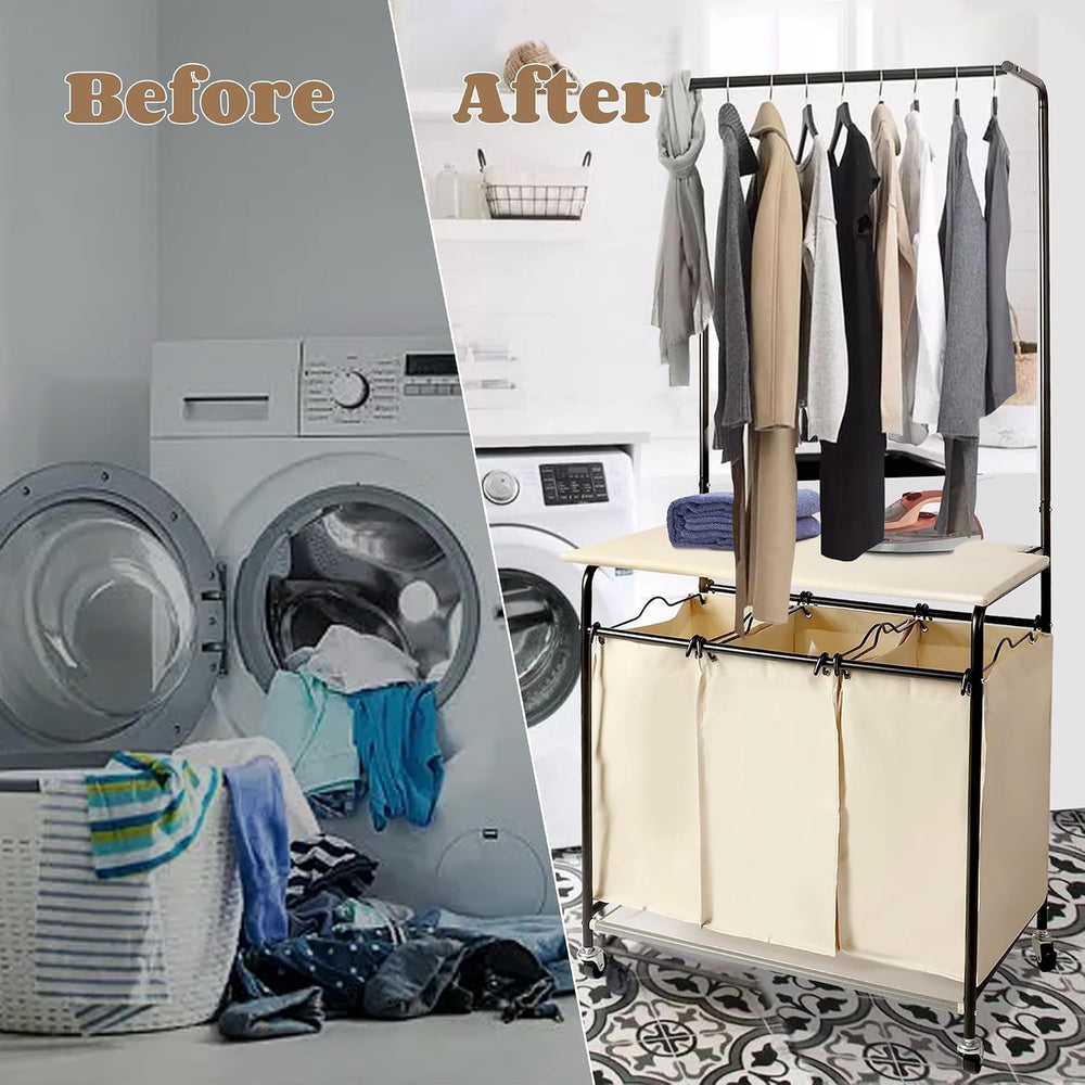 MYOYAY 3 Section Laundry Sorter with Garment Hanging Bar Rack Foldable Ironin...