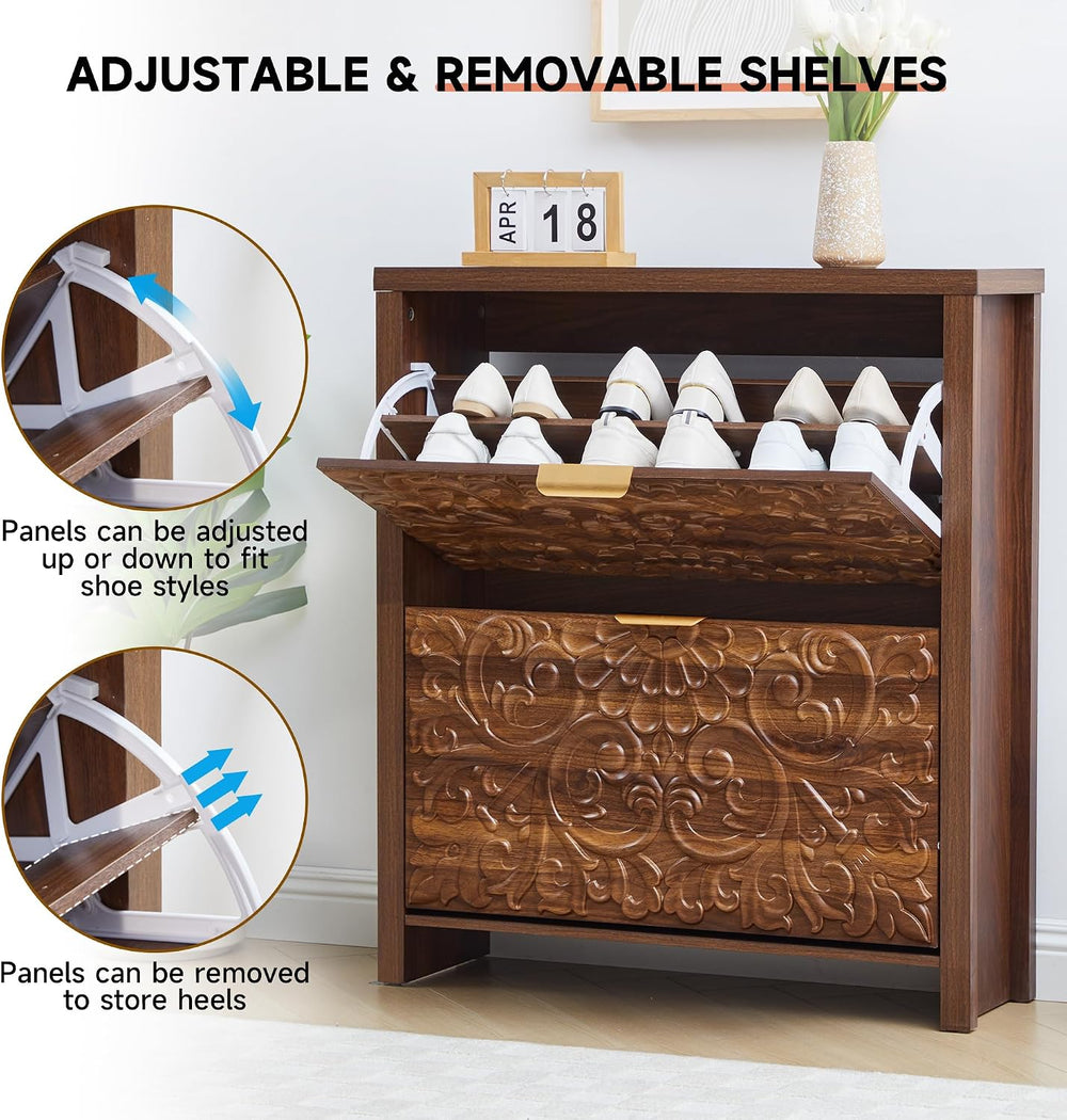 weselon Flip Drawer Shoe Cabinet Set of 2, Narrow Shoe Storage Cabinet, 2-Tie...