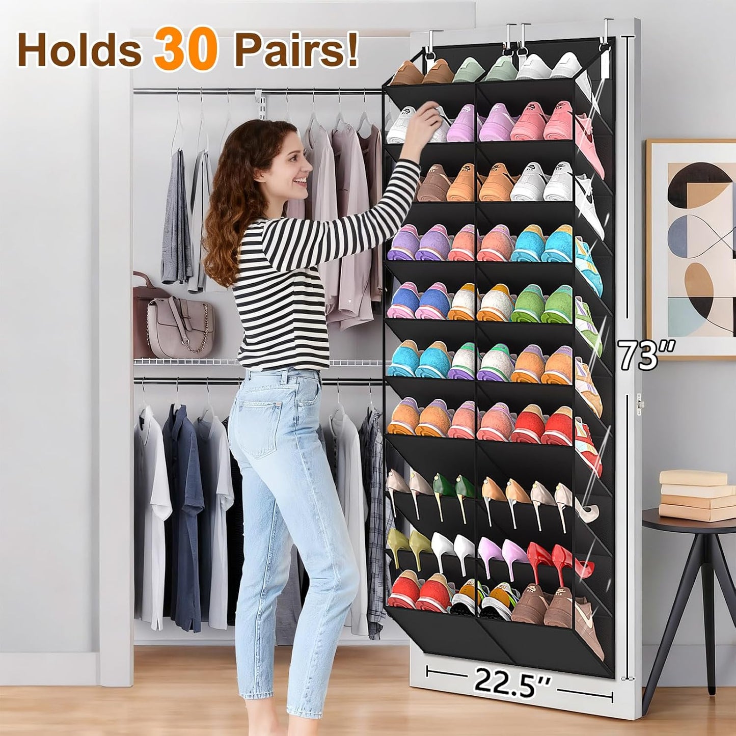 20-30 Pairs Over the Door Shoe Organizer, Clear Pockets Hanging Shoe Storage for Closet, 10-Tier Door Shoes Rack, Handing Shoes Holder Fit All the Family's Sneakers, Boots, Heels, Black