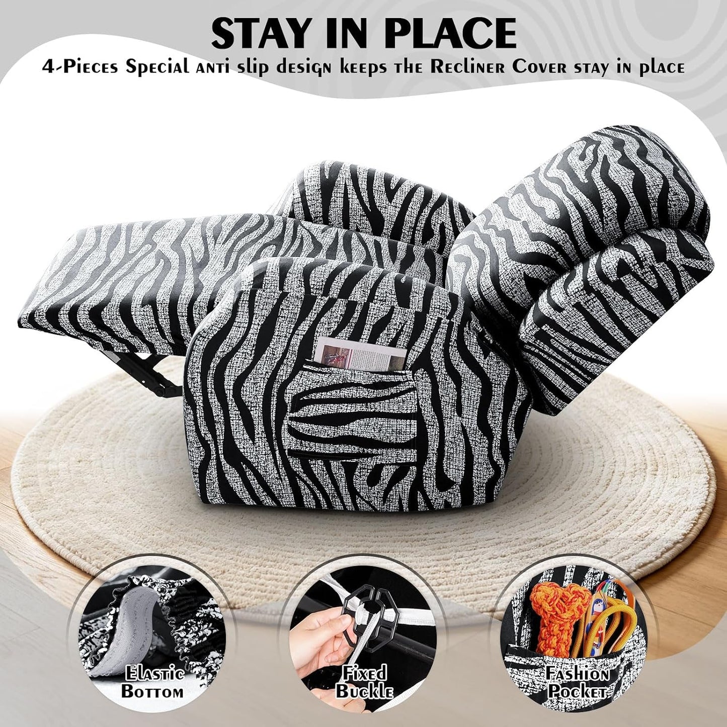 VANSOFY 4-Piece Stretch Recliner Chair Covers, Non-Slip Zebra Stripe Recliner Slipcovers with Elastic Bottom, Washable Furniture Protector for Pet Kids Friendly (1 Seater, Black)
