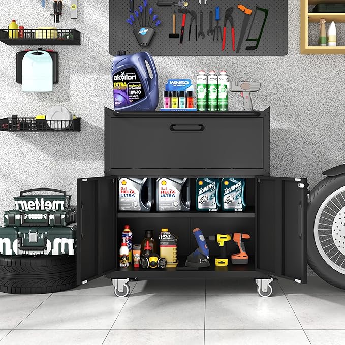 Metal Storage Cabinet with Wheels, Lockable Garage Cabinet with 2 Doors and 1