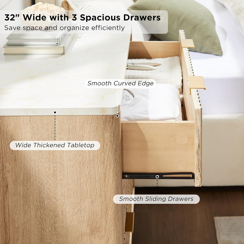 T4TREAM 32" Tall Fluted 3 Drawer Dresser for Bedroom, Natural Oak