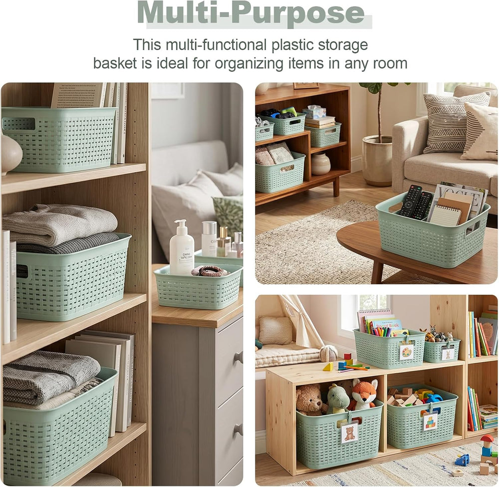 8 Pcs Plastic Storage Basket for Closet, Kitchen, Bathroom (Green，2L+2M+1S+3XS)