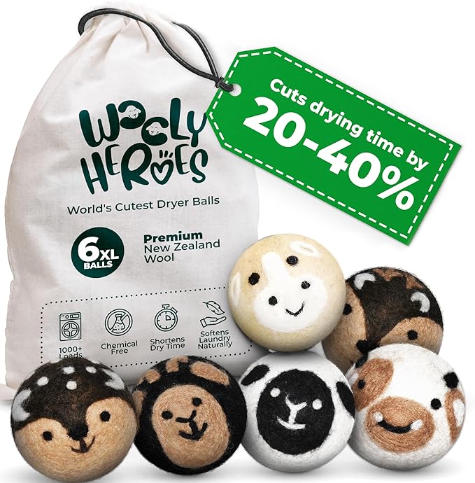 No More Dryer Sheets! Reusable Wool Dryer Balls XL 6-Pack by WOOLYHEROES