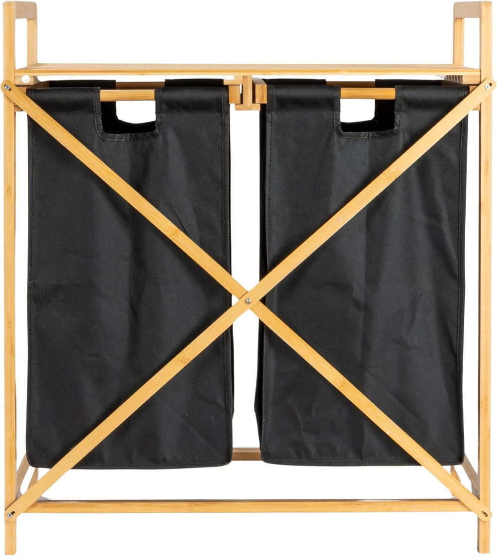 Household Essentials Bamboo Pull Out Double Hamper with Shelf, Natural and Black