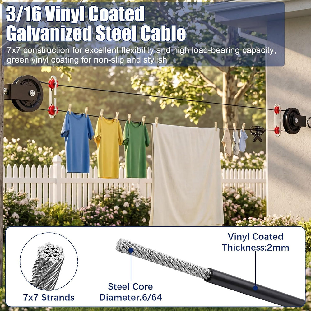 Hicarer Outdoor Clothesline Kit, Heavy Duty Black Clothes Line Pulley Kit