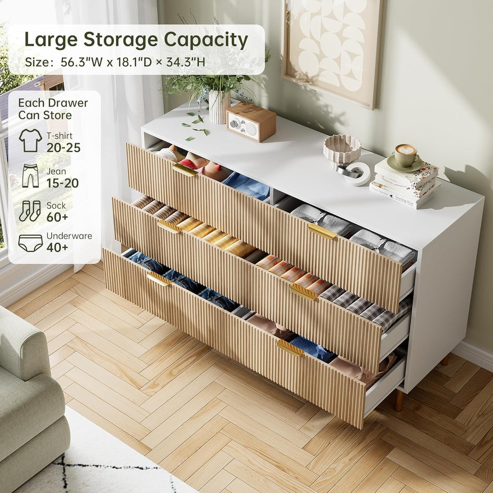 IDEALHOUSE Modern Natural 6 Drawer Dresser for Bedroom with Gold Handles