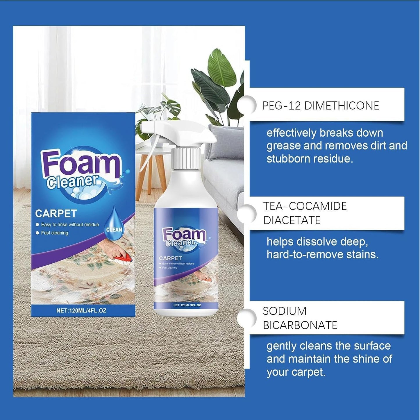 Carpet Spray Cleaner - Upholstery Foam Stain Remover, 2.87 Inches Cleaning Solution with Fast Acting, Agent, Care Product, Odor Eliminator for Stain Breakdown Fiber Hygiene Restoration