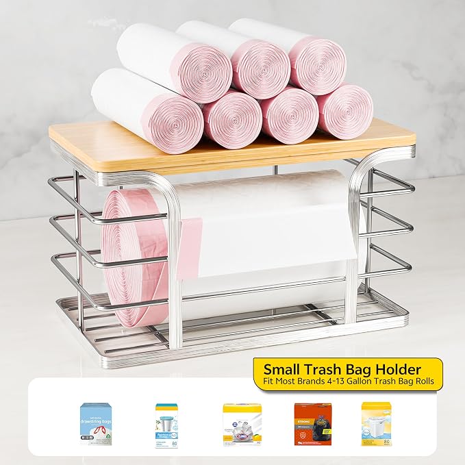 Trash Bag Holder with Bamboo Top, Wall Mount 304 Stainless Steel Garbage Bag - Image 2
