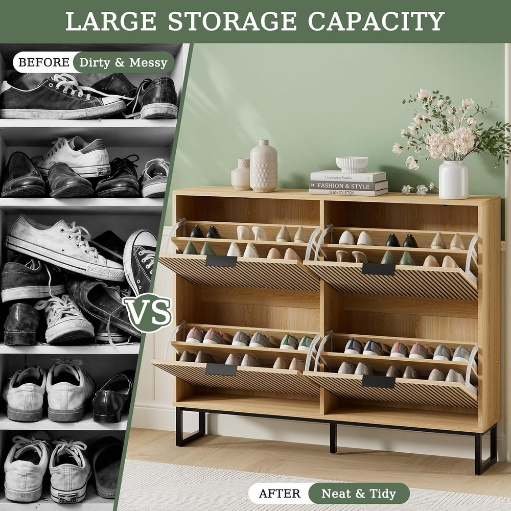 Shoe Cabinet Storage with 4 Flip Drawers and Metal Legs, Natural Wood丨Slim Sh...