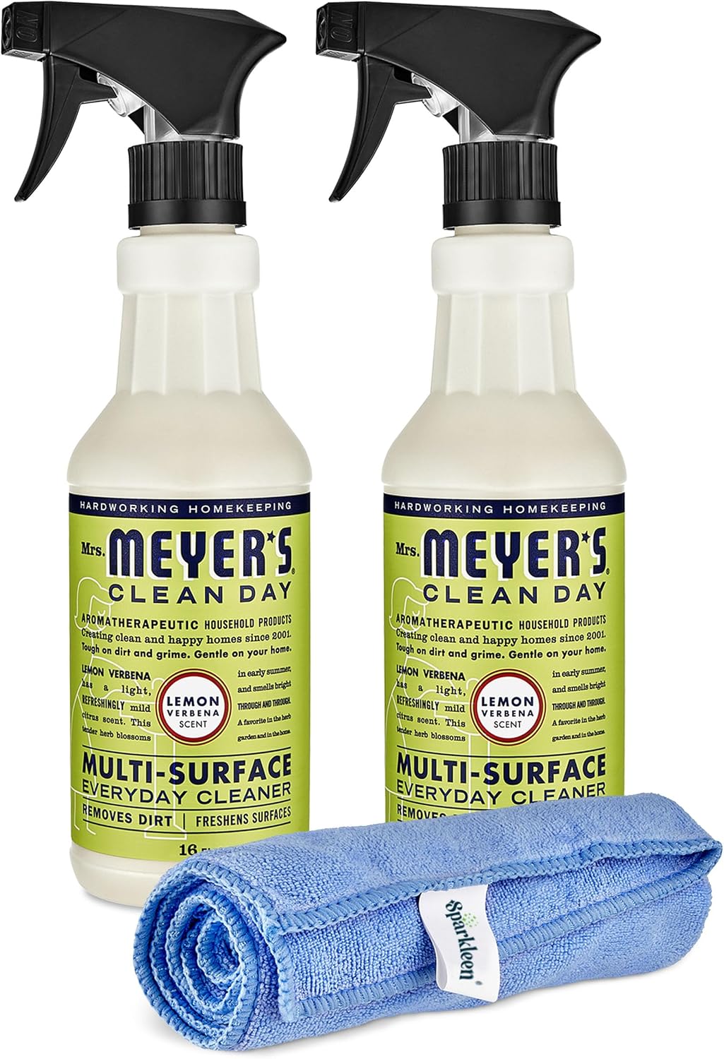 Mrs. Meyers Multi-Surface All Purpose Cleaner Set, Multi-Purpose Cleaner 2 Pack Spray and Cloth Set Bundle for Bathroom, Living Room or Bedroom, 16 oz, Lemon Verbena