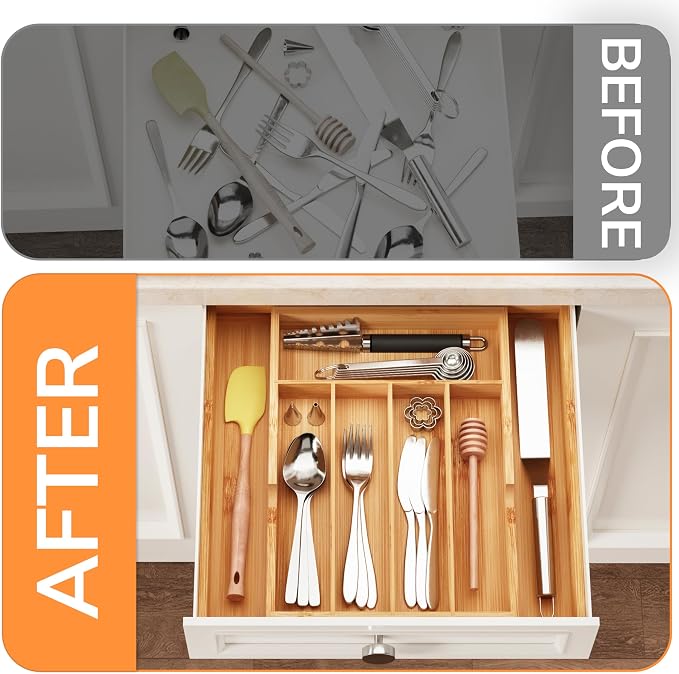 BAMEOS Bamboo Expandable Drawer Organizer, 5-7 Slots Kitchen Drawer Organizer - Image 4