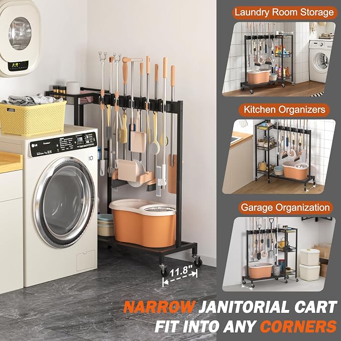 Broom Holder with Cleaning Supplies Organizer, Broom Closet Storage Cabinet - Image 3
